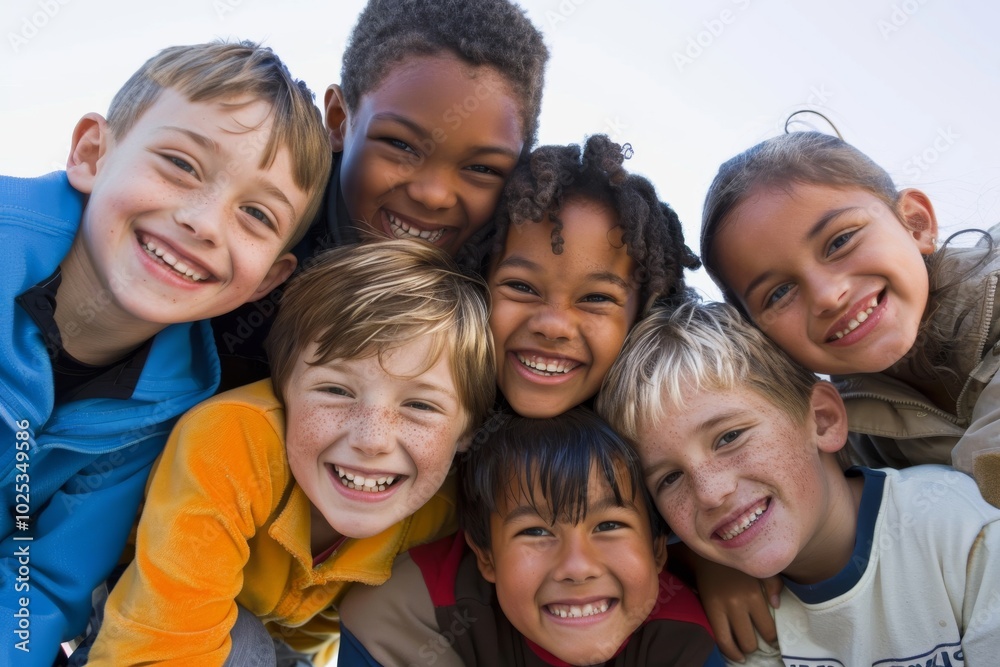 Group of kids smiling and looking at camera in a low angle view Group of kids smiling and looking at camera in a low angle view