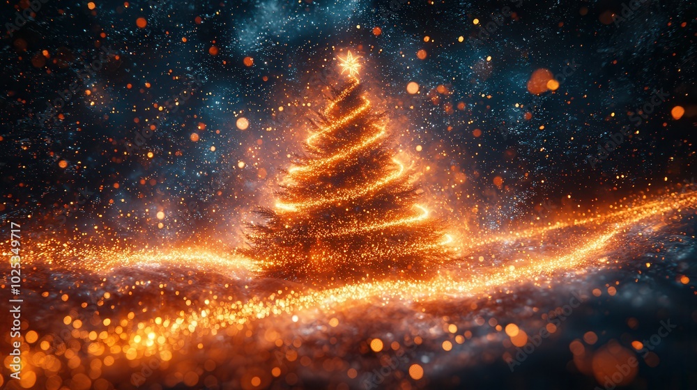 A beautifully lit Christmas tree surrounded by sparkles in a dark, cosmic background, creating a festive and enchanting atmosphere. A beautifully lit Christmas tree surrounded by sparkles in a dark, cosmic background, creating a festive and enchanting atmosphere.