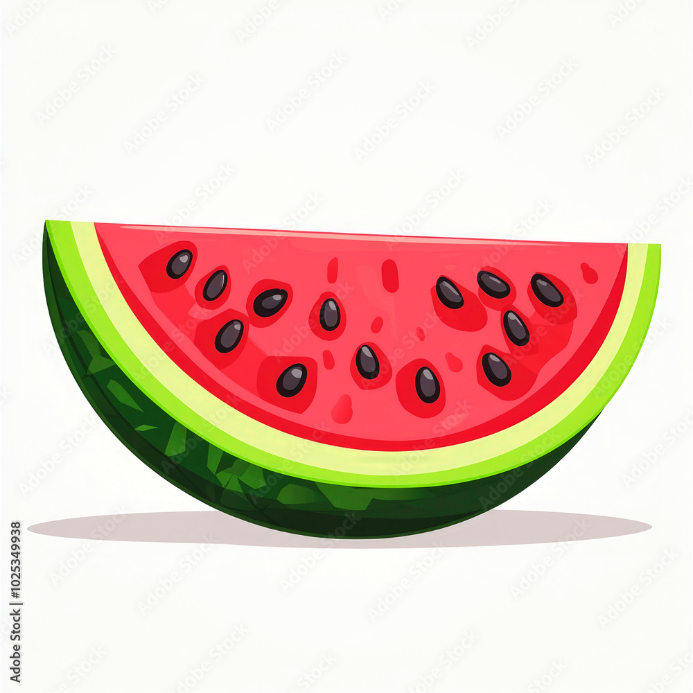 A single slice of watermelon with red flesh, black seeds, and a green rind. The slice is casting a shadow. A single slice of watermelon with red flesh, black seeds, and a green rind. The slice is casting a shadow.