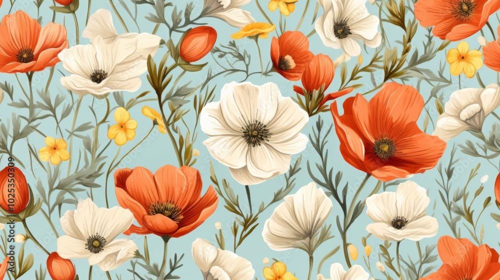 Floral pattern featuring red and white poppies against a soft blue background Floral pattern featuring red and white poppies against a soft blue background