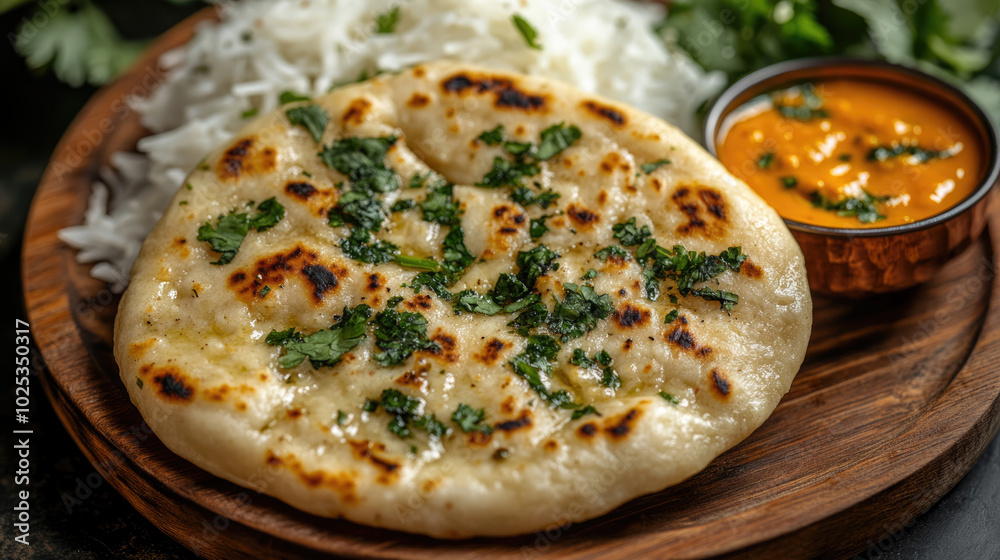 A plate of food with a flatbread and rice. The flatbread is covered in parsley and has a brown crust. There is a bowl of sauce on the right side of the plate A plate of food with a flatbread and rice. The flatbread is covered in parsley and has a brown crust. There is a bowl of sauce on the right side of the plate