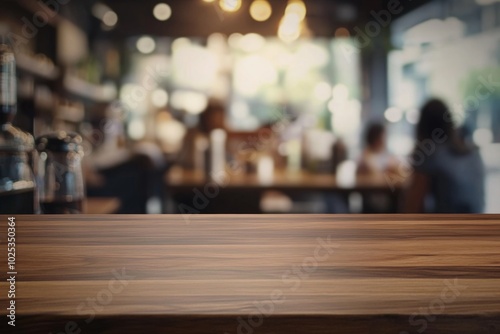 Wallpaper Mural Blurred coffee shop interior with people dining, featuring a wooden counter in the foreground, perfect for product display layouts, showcasing a warm and inviting atmosphere. Torontodigital.ca