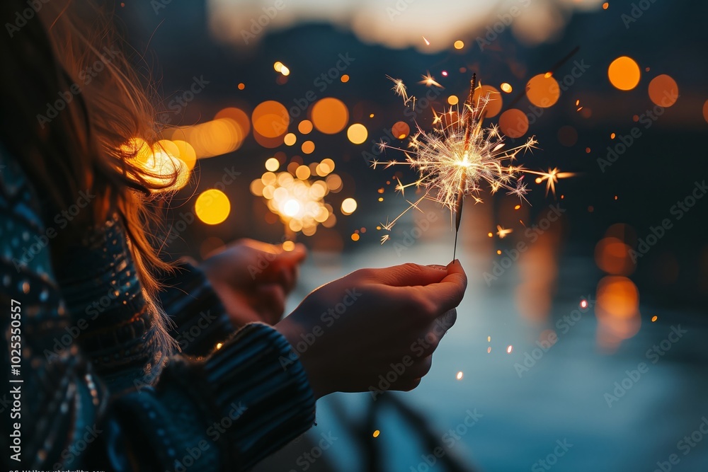 Hands holding sparkling sparklers at night during a festive celebration Hands holding sparkling sparklers at night during a festive celebration