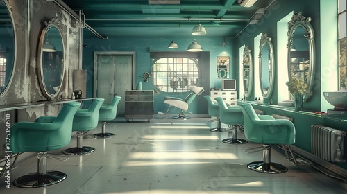 Retro Green Salon Interior with Barbershop Chairs