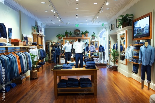 Contemporary men’s clothing store interior with wooden floors, display tables featuring mannequins in blue jeans and white shirts, light gray walls, and stylish LED screen showcasing product informati photo