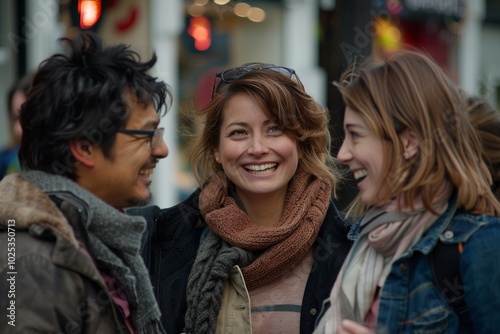 Group of friends having fun in the city. Smiling and laughing.