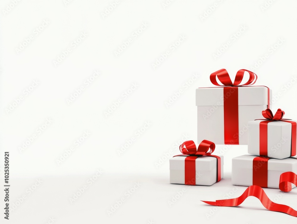 White gift boxes with red ribbons arranged on the right side, minimalist 3D rendering with sharp focus and hyper-realistic details against a clean white background. White gift boxes with red ribbons arranged on the right side, minimalist 3D rendering with sharp focus and hyper-realistic details against a clean white background.