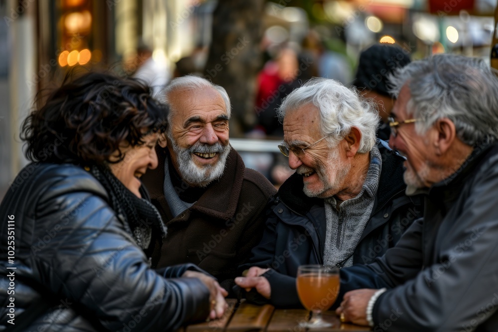 Group of senior people sitting at a table in a street cafe in Barcelona, Spain Group of senior people sitting at a table in a street cafe in Barcelona, Spain
