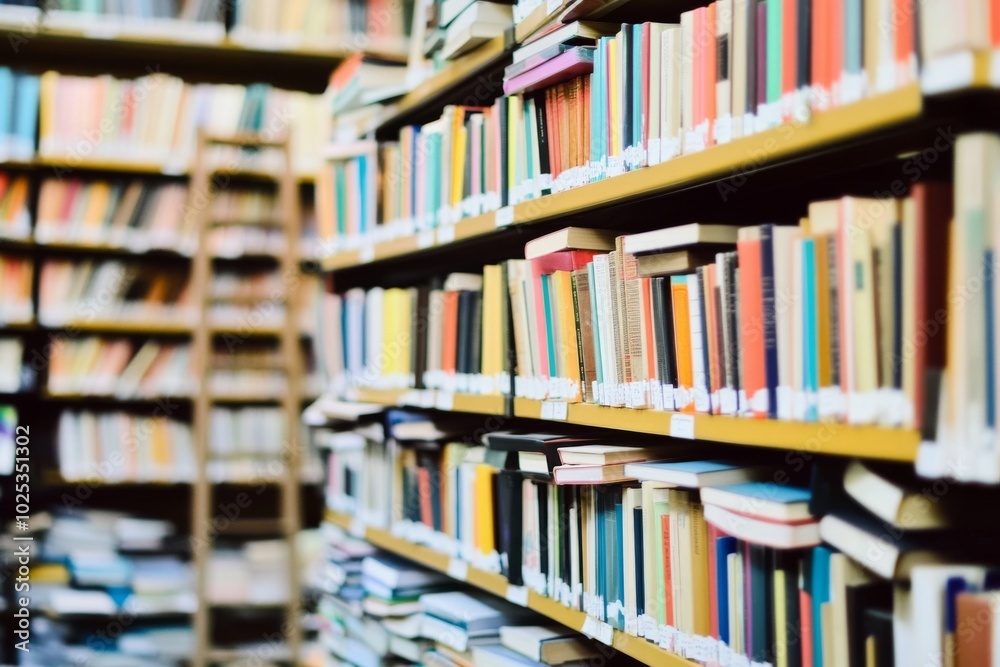 Close-up of colorful books on a library wall with shelves and ladders in the foreground, tranquil atmosphere Close-up of colorful books on a library wall with shelves and ladders in the foreground, tranquil atmosphere