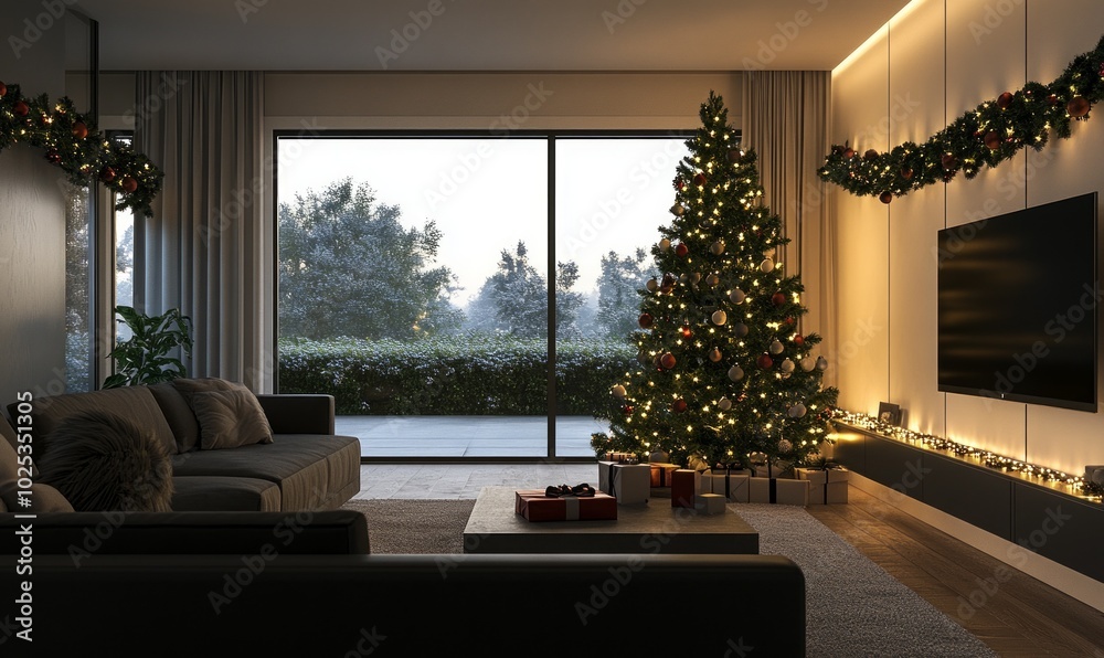 Living room with modern Christmas decor, including a sleek tree, geometric ornaments, and minimalist garlands
