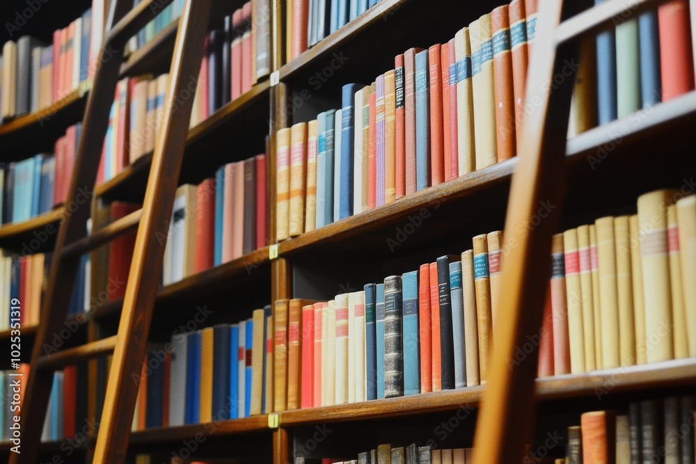 Close-up of colorful books on a library wall with shelves and ladders in the foreground, tranquil atmosphere