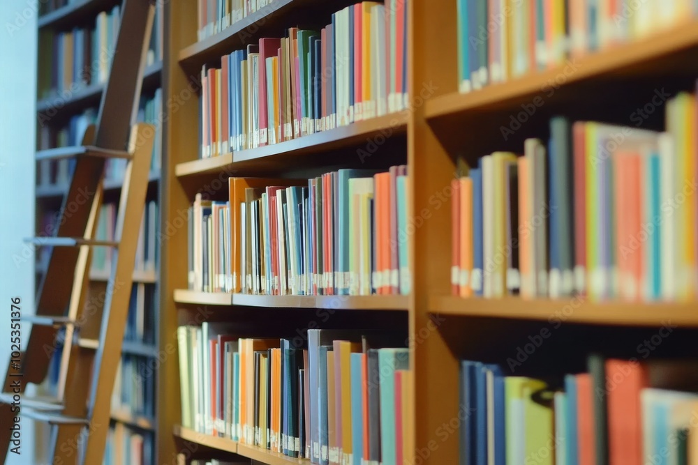 Close-up of colorful books on a library wall with shelves and ladders in the foreground, tranquil atmosphere Close-up of colorful books on a library wall with shelves and ladders in the foreground, tranquil atmosphere