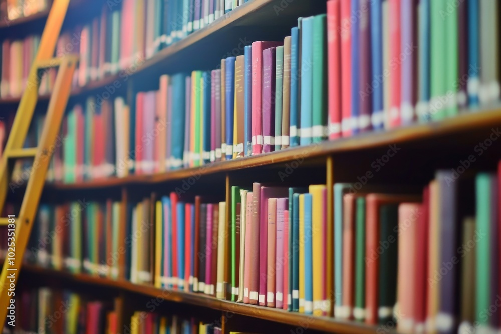 Close-up of colorful books on a library wall with shelves and ladders in the foreground, tranquil atmosphere Close-up of colorful books on a library wall with shelves and ladders in the foreground, tranquil atmosphere