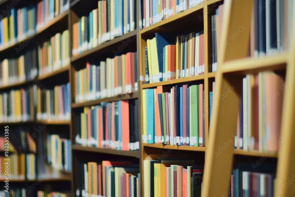 Close-up of colorful books on a library wall with shelves and ladders in the foreground, tranquil atmosphere Close-up of colorful books on a library wall with shelves and ladders in the foreground, tranquil atmosphere