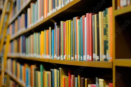 Close-up of colorful books on a library wall with shelves and ladders in the foreground, tranquil atmosphere