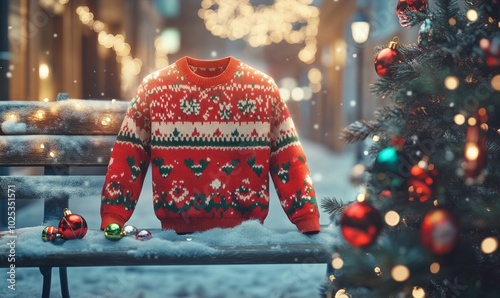 Mockup of a plain holiday sweater on a snow-covered bench, with festive lights, ornaments, and a decorated Christmas tree nearby photo