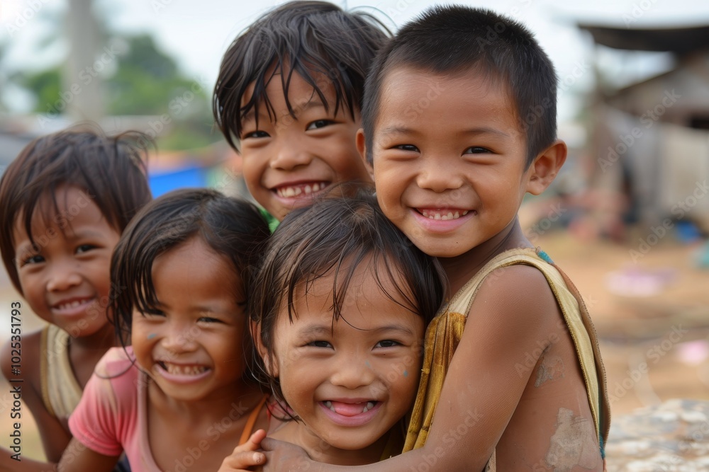 Group of asian children smiling in the street. Selective focus. Group of asian children smiling in the street. Selective focus.