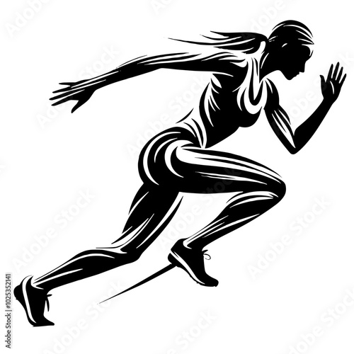 Female sprinter running in full stride, black and white clipart, symbolizing athleticism and speed, perfect for fitness promotions on a transparent background