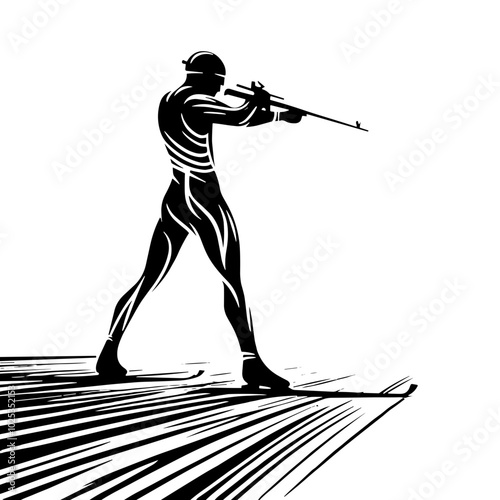 Silhouette of a biathlete aiming to shoot, black and white,  transparent background