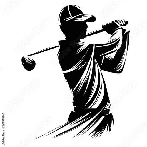 Silhouette of a golfer swinging a club, black and white,  transparent background
