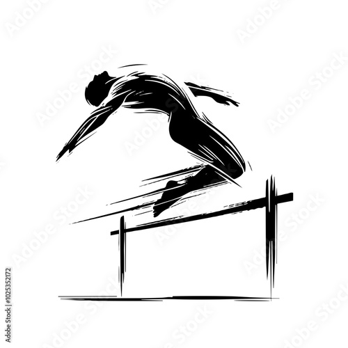 Silhouette of a high jumper mid-air, black and white, transparent background