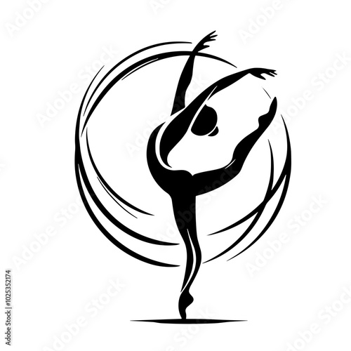  Silhouette of a rhythmic gymnast performing with ribbons, black and white,  transparent background