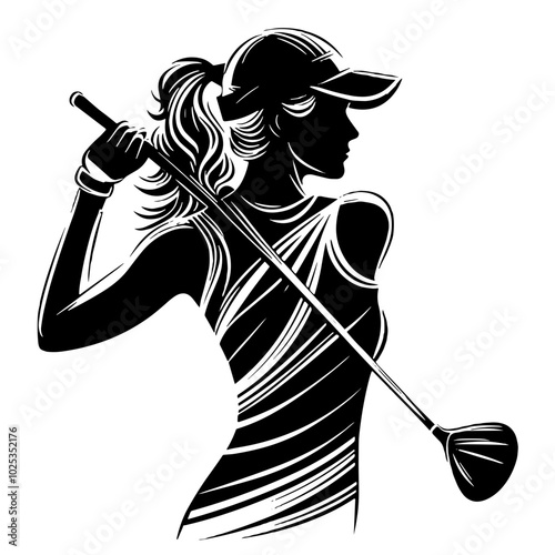  Silhouette of a woman playing golf, black and white, transparent background