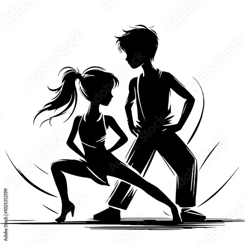 Silhouette of two kids performing ballroom dance, black and white,  transparent background