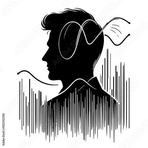 Profile of a man with bio waves, black and white, futuristic concept, transparent background