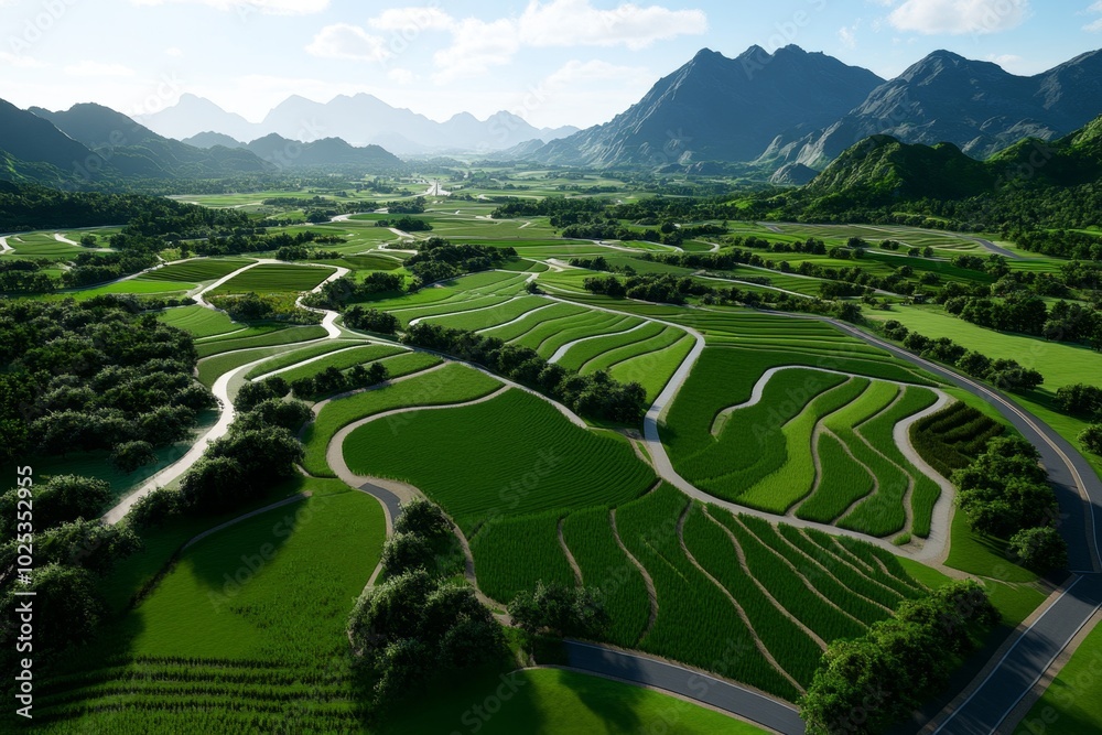 3D-rendered rural landscape, where a digital model shows different ...