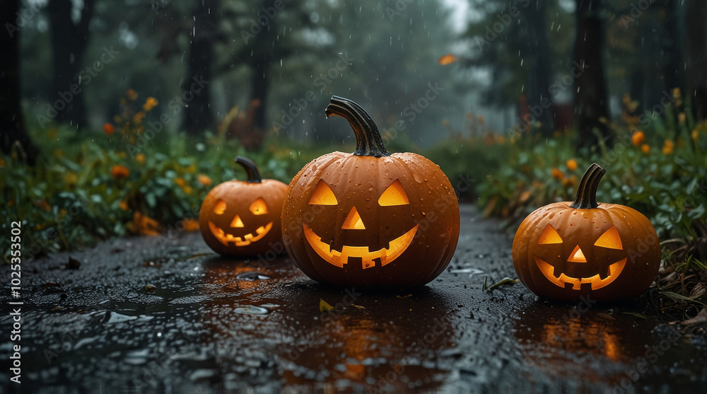 a Creepy Halloween pumpkin in autumn in the rain, in the middle of a road