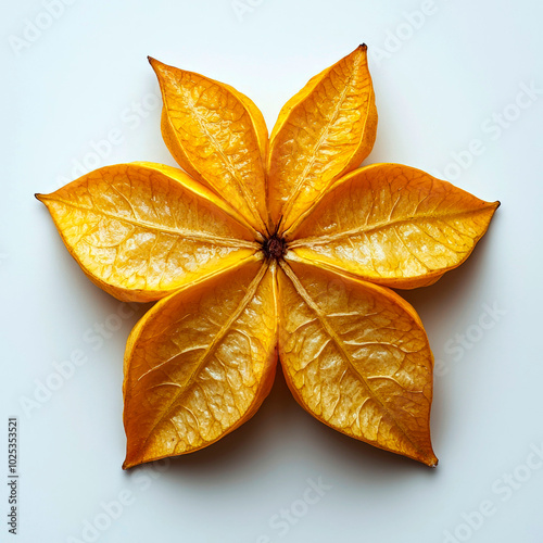 A starfruit cut into a six-pointed star shape with a white background.