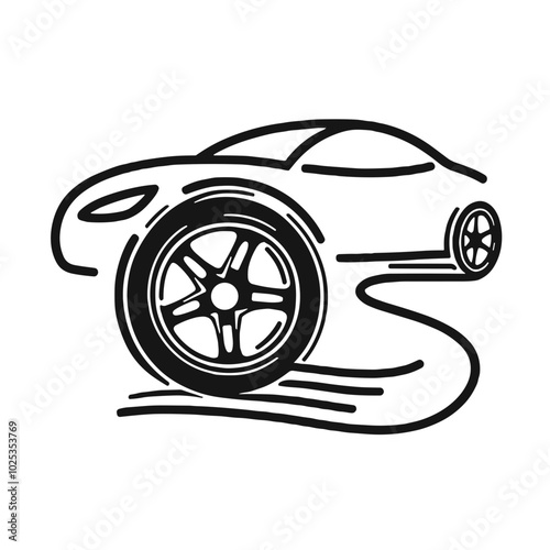 Car icon , car wheel and speed line, black and white, racing concept, transparent background