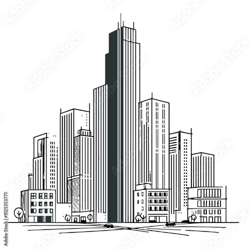 City skyline, black and white, urban architecture design, transparent background