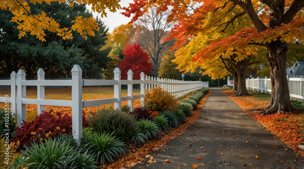 Naklejka premium a gravel pathway leading through a white picket fence, surrounded by vibrant autumn foliage