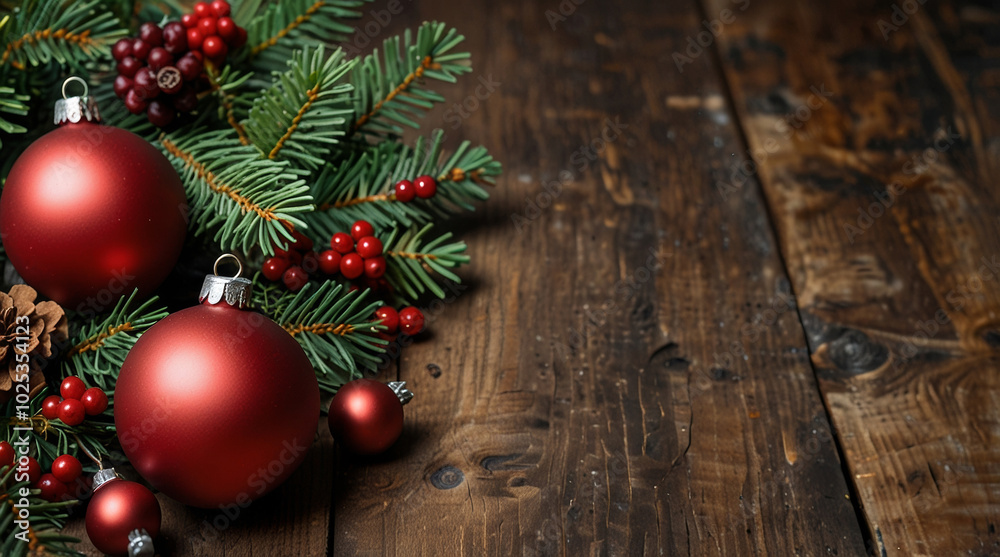 Christmas Evergreen Branches, bells, balls, snowflake, give box and Berries in Corner Over wooden Background Christmas Evergreen Branches, bells, balls, snowflake, give box and Berries in Corner Over wooden Background