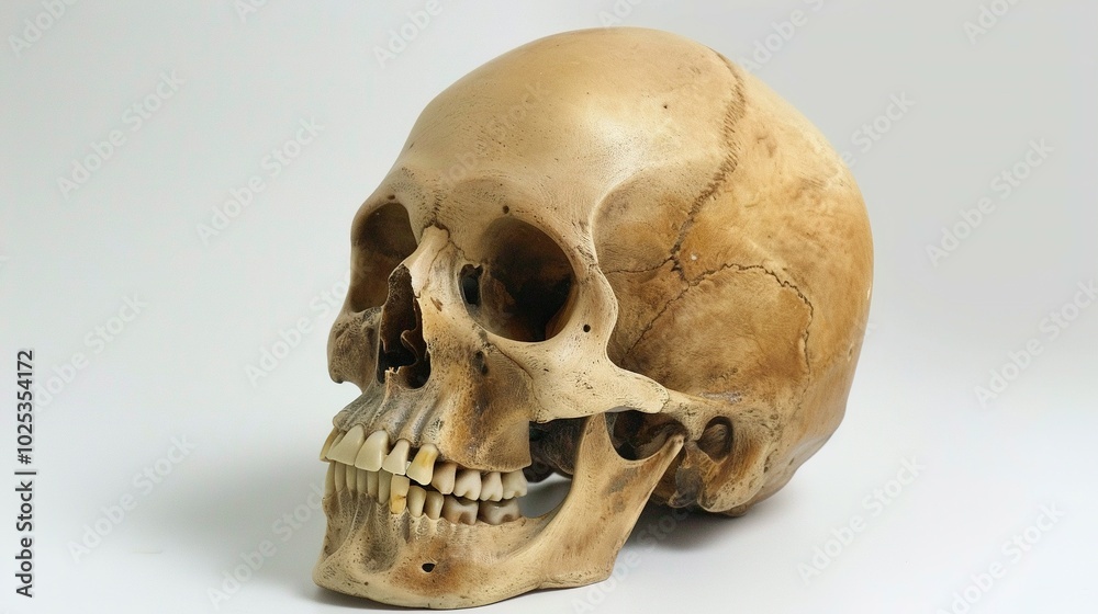 A Human Skull with Visible Teeth on a White Background A Human Skull with Visible Teeth on a White Background