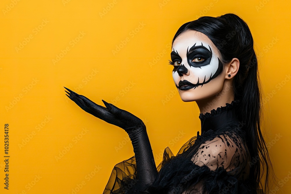 Frightening woman wearing black costume and halloween makeup holding copyspace on palm, isolated over yellow background By Drobot Dean with generative ai Frightening woman wearing black costume and halloween makeup holding copyspace on palm, isolated over yellow background By Drobot Dean with generative ai
