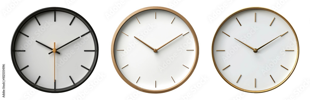Elegant Wall Clocks in Modern Design Styles Isolated on Transparent Background Elegant Wall Clocks in Modern Design Styles Isolated on Transparent Background