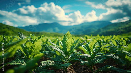 A lush green field with a mountain in the background. The field is full of plants and the sky is blue