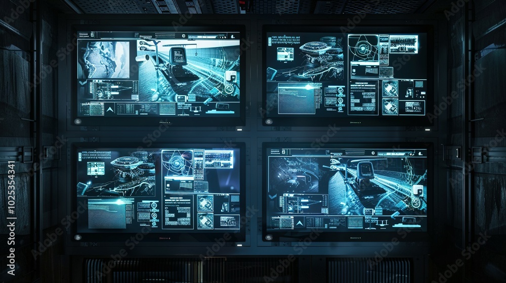 Four Large Monitors Displaying Technical Data in a Dark Room Four Large Monitors Displaying Technical Data in a Dark Room