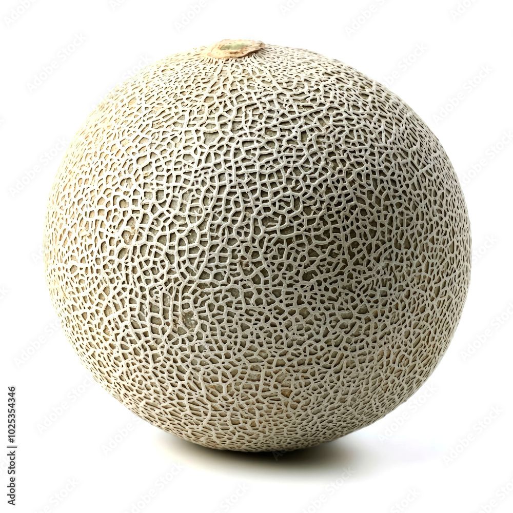 A whole cantaloupe melon with a light brown rind and a small stem on top, isolated on a white background. A whole cantaloupe melon with a light brown rind and a small stem on top, isolated on a white background.