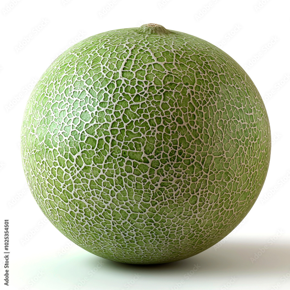 A whole green cantaloupe melon with a rough, textured skin, isolated on a white background.