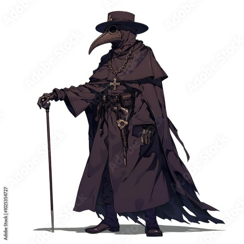 A character in a dark cloak with a beaked mask, holding a cane, evoking a plague doctor theme.