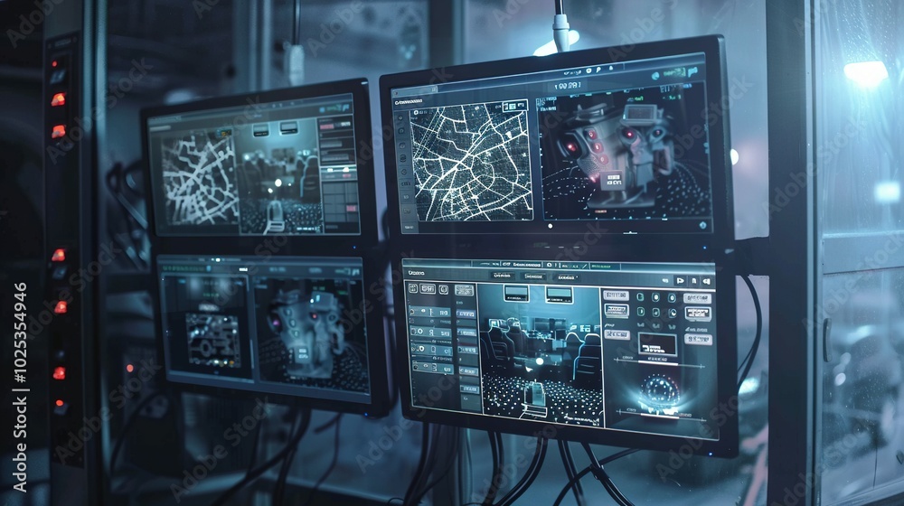 A Security Control Room with Multiple Monitors Displaying Surveillance Footage and Data