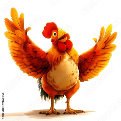 A cheerful cartoon chicken with outstretched wings, exuding a playful and vibrant personality.