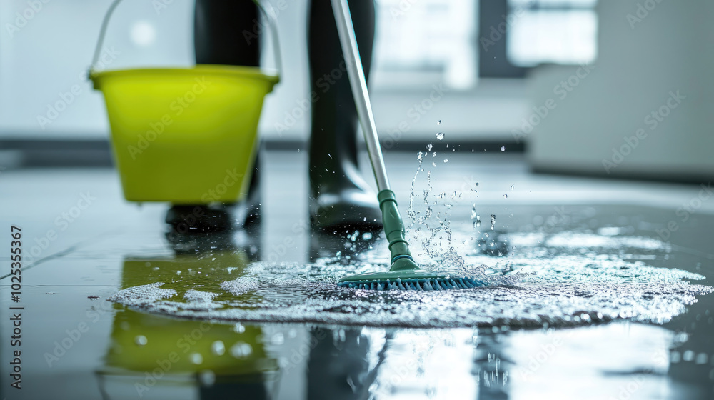 A person is mopping a floor with a bucket and a mop. The floor is wet and the bucket is green A person is mopping a floor with a bucket and a mop. The floor is wet and the bucket is green