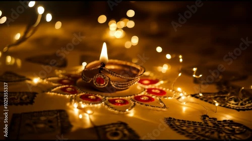 The Diwali holiday. Dii (oil lamp), warmly shining on a dark background. The dia is surrounded by intricate rangoli patterns and softly glowing garlands. A feeling of peace and celebration.