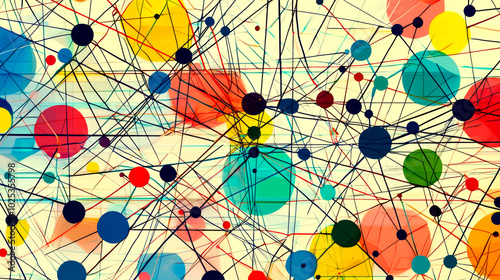 Abstract background with colorful circles and lines interconnected in a web pattern.