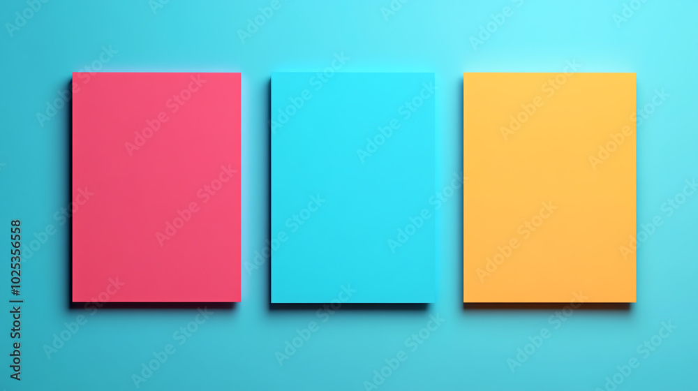 Brightly colored papers in pink, blue, and yellow arranged against a blue backdrop, perfect for presentations, designs, or creative projects. Brightly colored papers in pink, blue, and yellow arranged against a blue backdrop, perfect for presentations, designs, or creative projects.